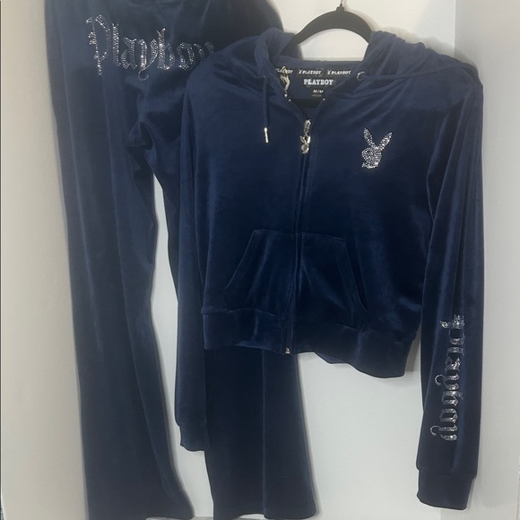 PLAYBOY Pants - Playboy Dark Blue Velour Set with Rhinestones